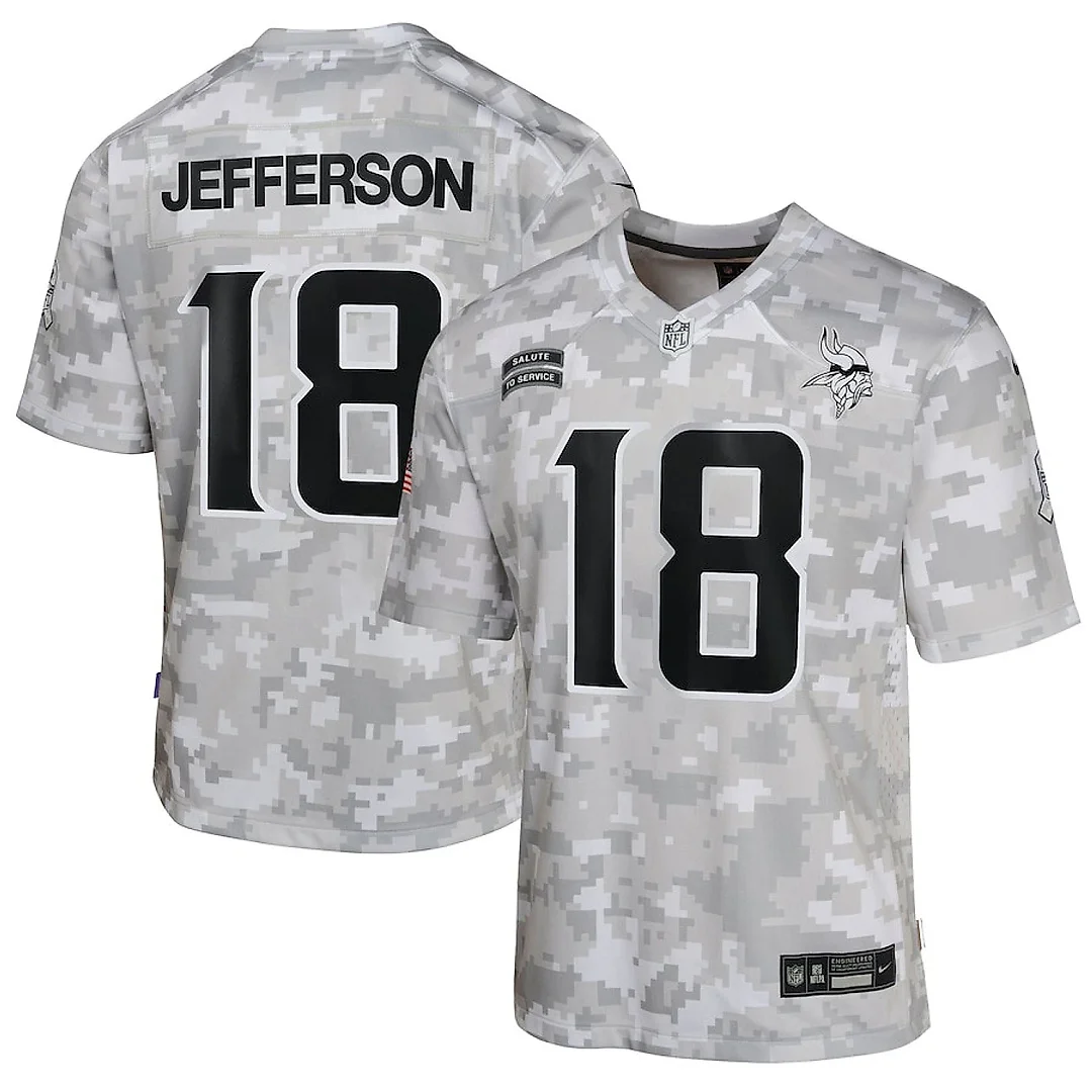 Zennovawear Justin Jefferson 18 Minnesota Vikings 2024 Salute to Service Game YOUTH Jersey - Arctic Camo