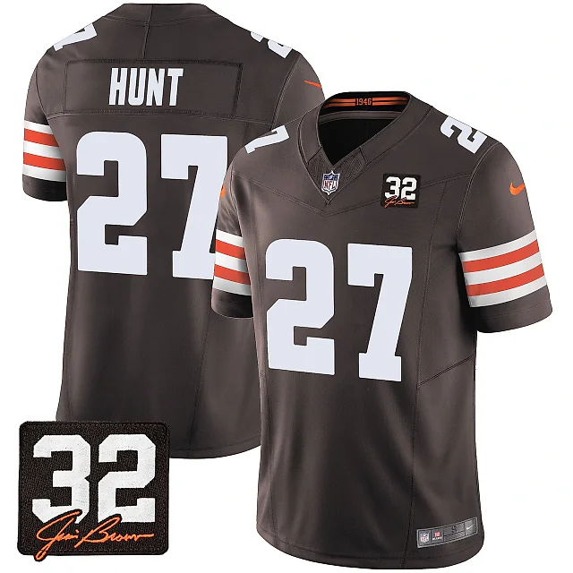 Zennovawear Kareem Hunt 27 Cleveland Browns Jim Brown Memorial Patch Game Men Jersey - Brown