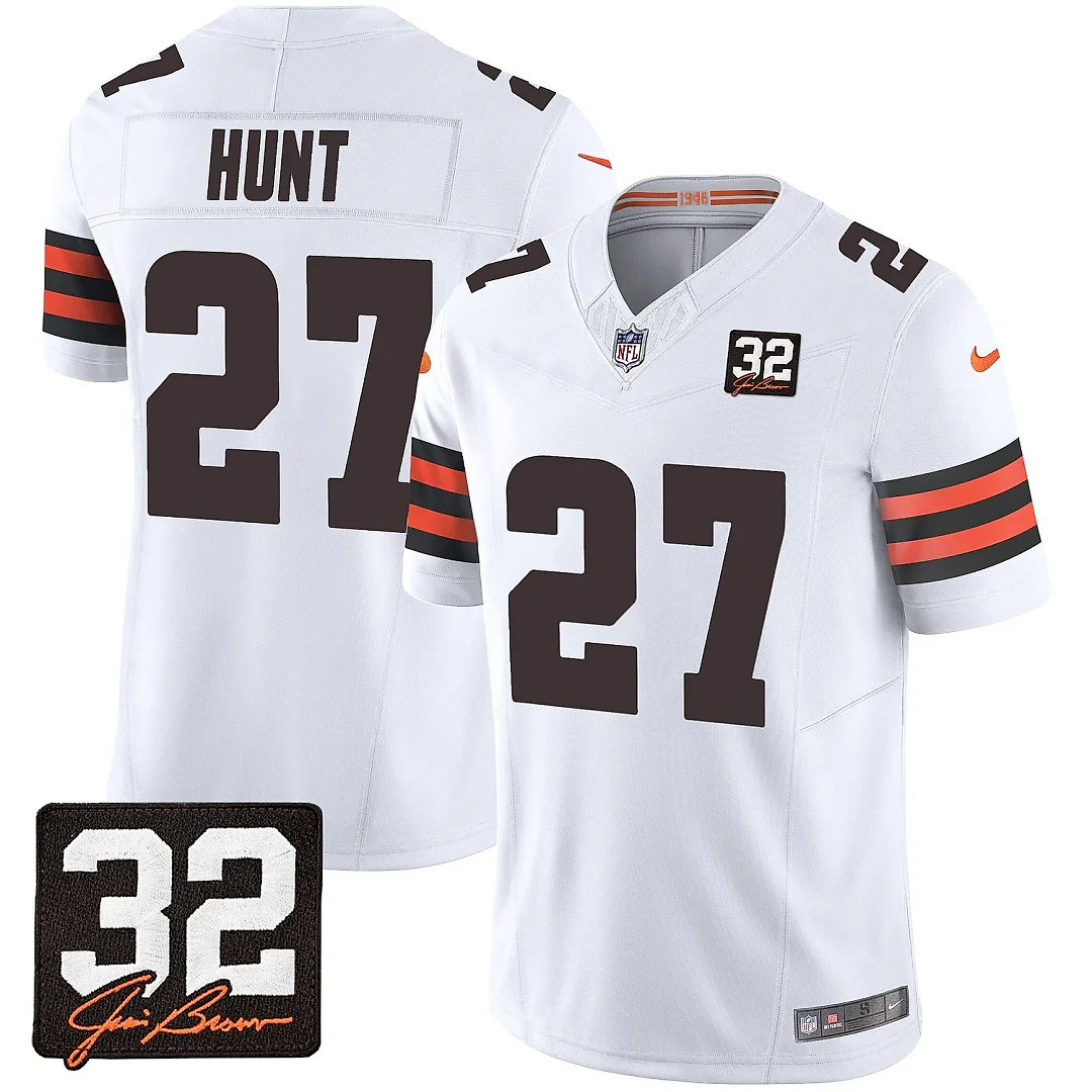 Zennovawear Kareem Hunt 27 Cleveland Browns Jim Brown Memorial Patch Game Men Jersey - White