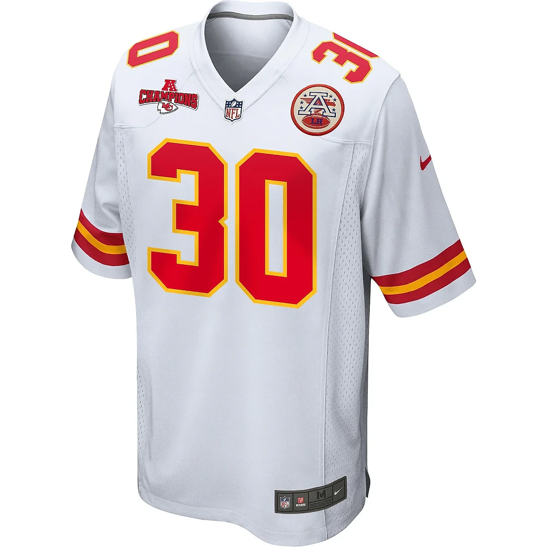 Zennovawear Keaontay Ingram 30 Kansas City Chiefs AFC Champions Patch Game Men Jersey - White