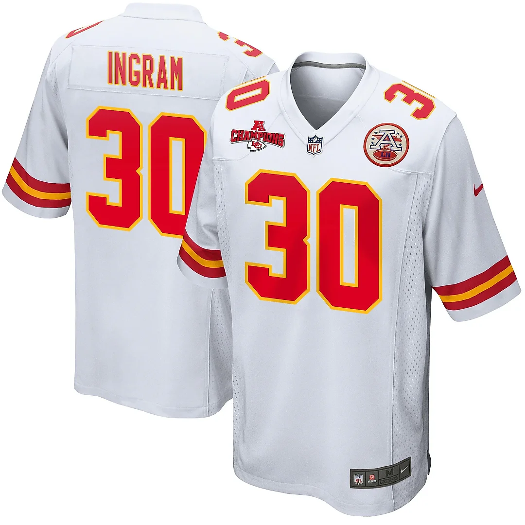 Zennovawear Keaontay Ingram 30 Kansas City Chiefs AFC Champions Patch Game Men Jersey - White