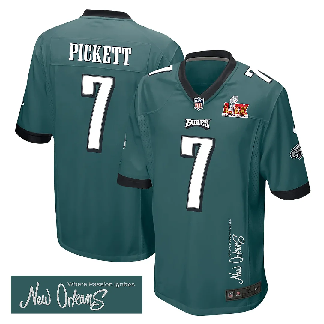 Zennovawear Kenny Pickett 7 Philadelphia Eagles Super Bowl LIX 'New Orleans - Where Passion Ignites' EMBROIDERED Game Men Jersey - Midnight Green