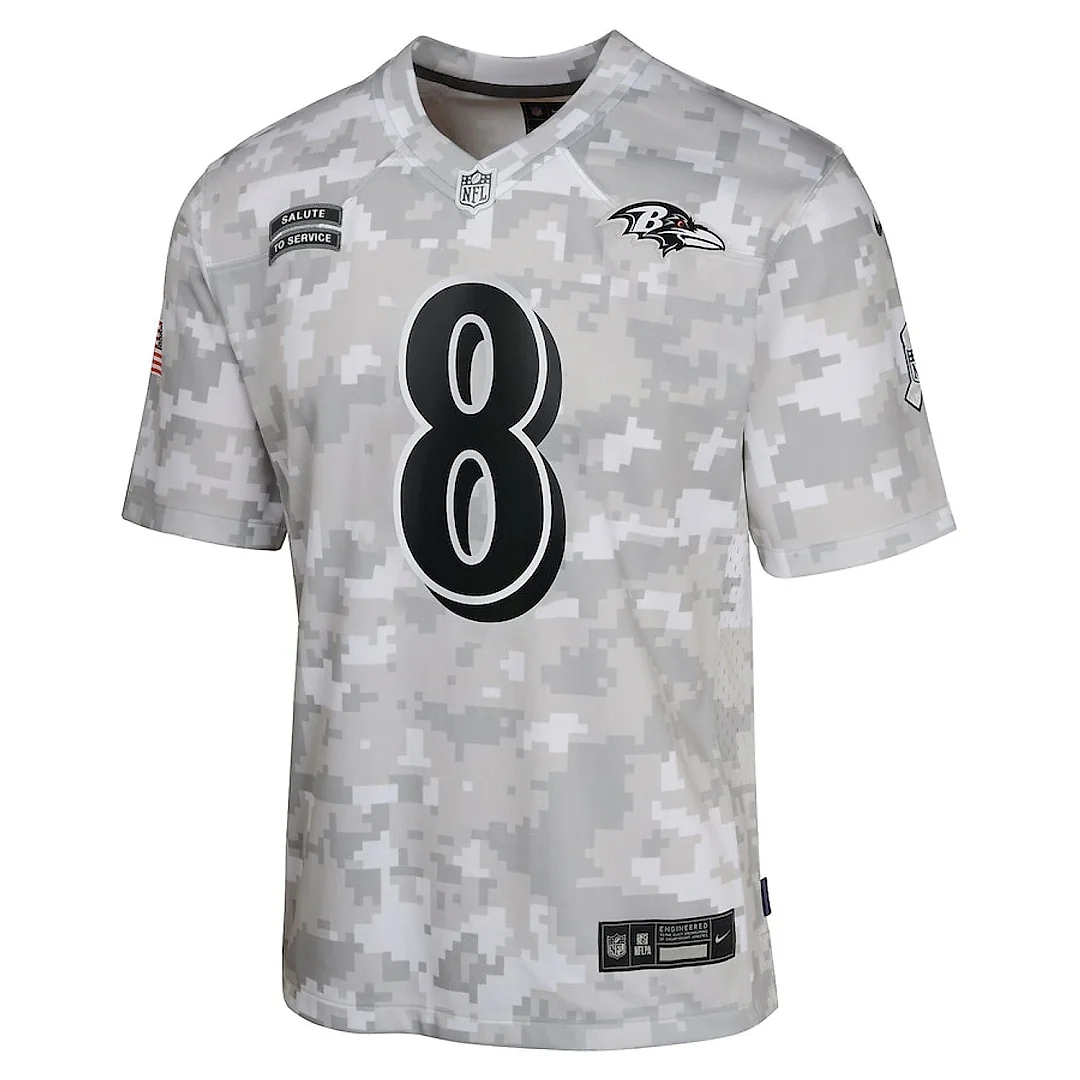 Zennovawear Lamar Jackson 8 Baltimore Ravens 2024 Salute to Service Game YOUTH Jersey - Arctic Camo