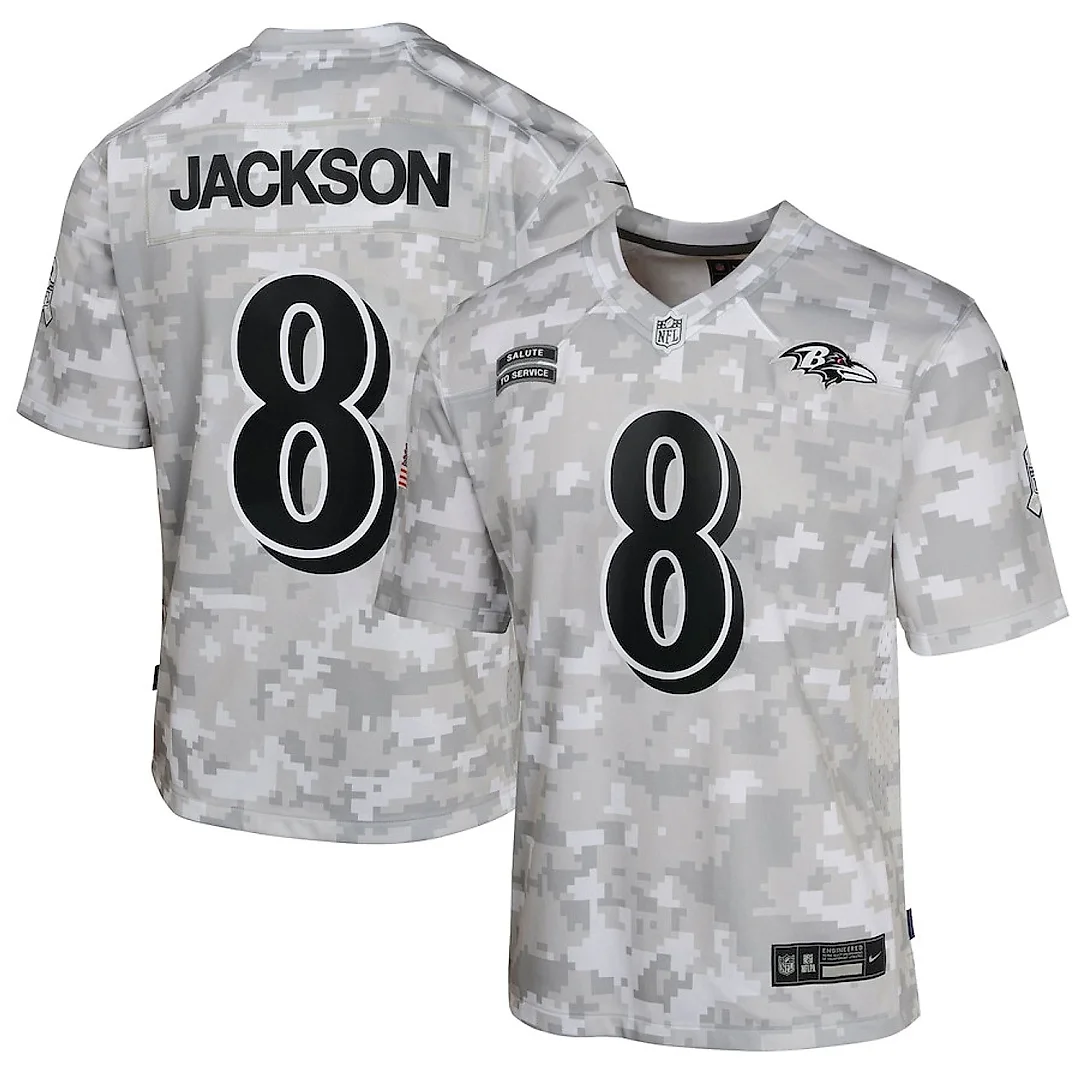 Zennovawear Lamar Jackson 8 Baltimore Ravens 2024 Salute to Service Game YOUTH Jersey - Arctic Camo