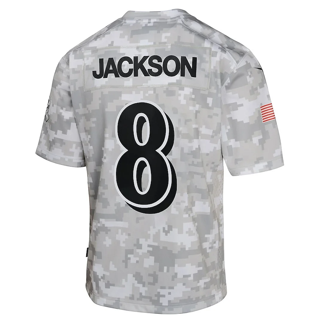 Zennovawear Lamar Jackson 8 Baltimore Ravens 2024 Salute to Service Game YOUTH Jersey - Arctic Camo