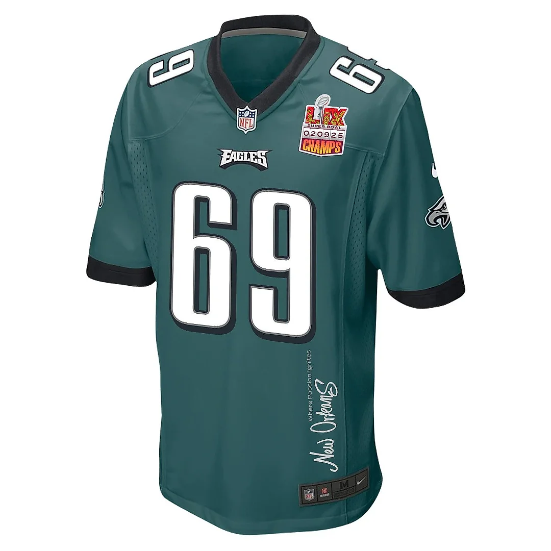 Zennovawear Landon Dickerson 69 Philadelphia Eagles Super Bowl LIX Champions Patch 'New Orleans - Where Passion Ignites' EMBROIDERED Game Men...