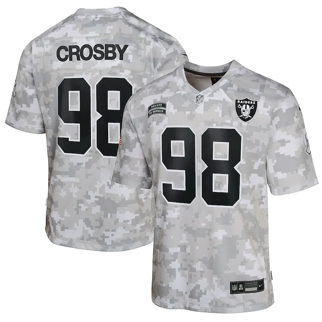 Zennovawear Maxx Crosby 98 Las Vegas Raiders 2024 Salute to Service Game YOUTH Jersey - Arctic Camo