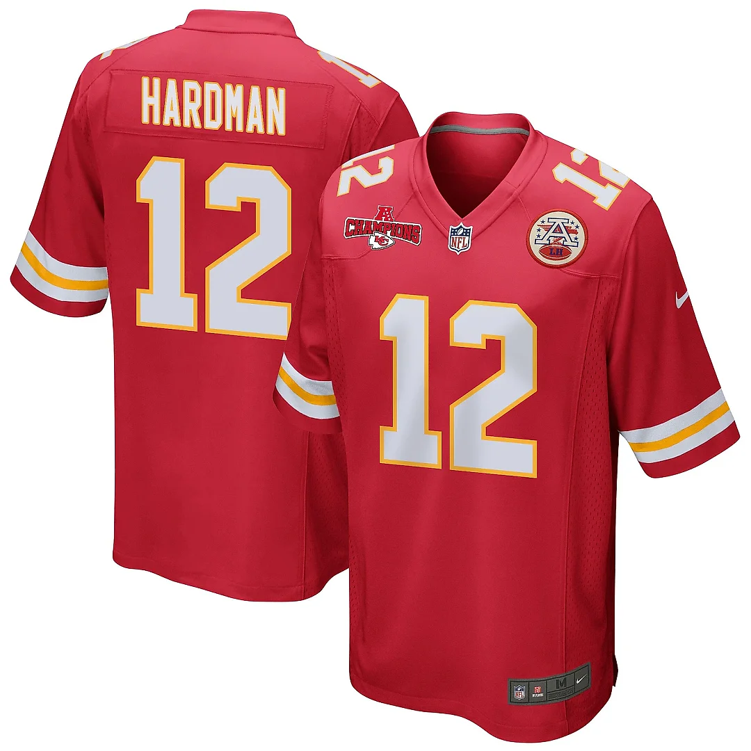 Zennovawear Mecole Hardman 12 Kansas City Chiefs AFC Champions Patch Game Men Jersey - Red