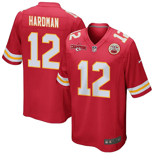 Zennovawear Mecole Hardman 12 Kansas City Chiefs AFC Champions Patch Game Men Jersey - Red