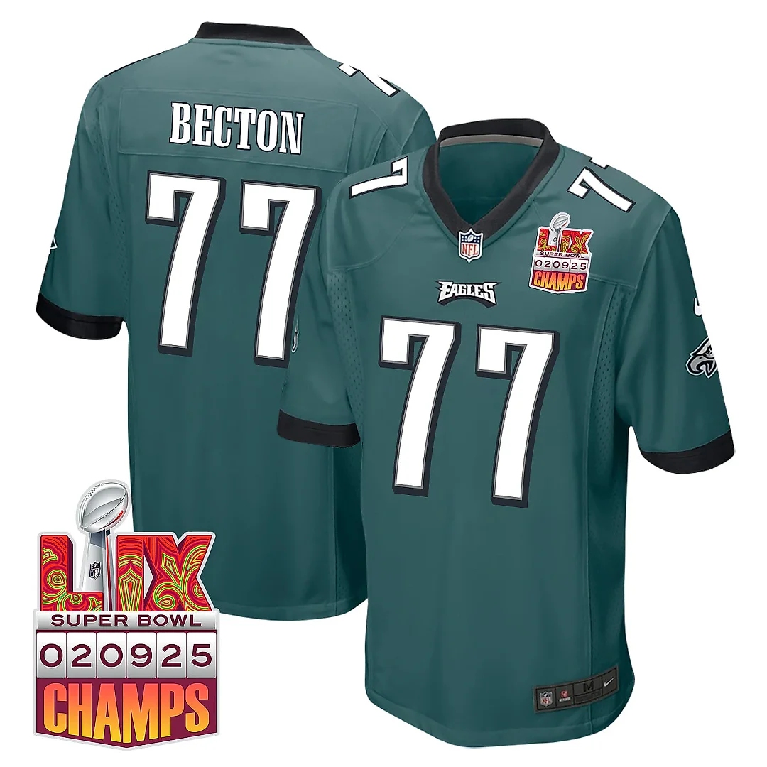 Zennovawear Mekhi Becton 77 Philadelphia Eagles Super Bowl LIX Champions Patch Game Men Jersey - Midnight Green