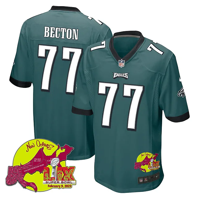 Zennovawear Mekhi Becton 77 Philadelphia Eagles Super Bowl LIX New Orleans Patch Game Men Jersey - Midnight Green