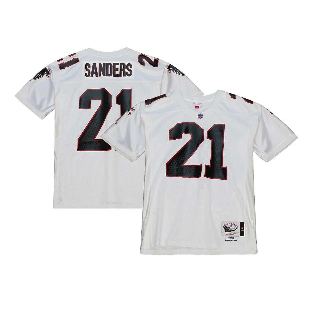 Zennovawear Men's Atlanta Falcons 1991 Deion Sanders Mitchell & Ness White Throwback Retired Player Jersey