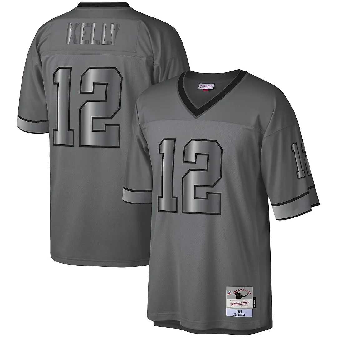 Zennovawear Men's Buffalo Bills Jim Kelly Mitchell & Ness Charcoal 1990 Retired Player Metal Legacy Jersey