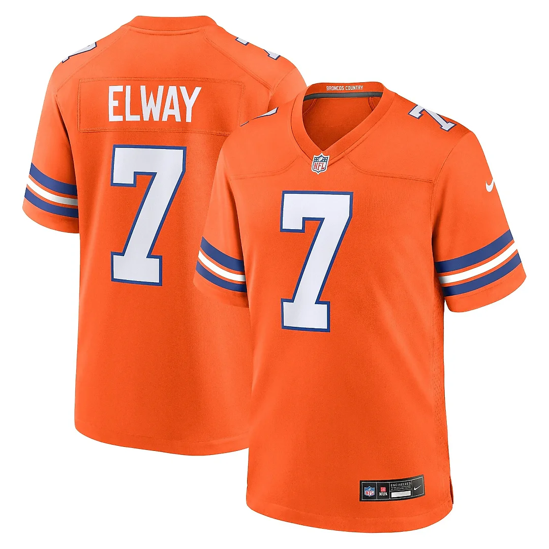 Zennovawear Men's Denver Broncos John Elway Orange Mile High Collection 1977 Throwback Retired Player Game Jersey