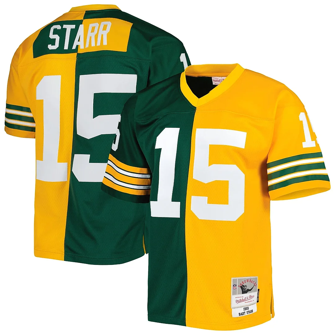 Zennovawear Men's Green Bay Packers Bart Starr Mitchell & Ness Green/Gold 1969 Split Legacy Jersey