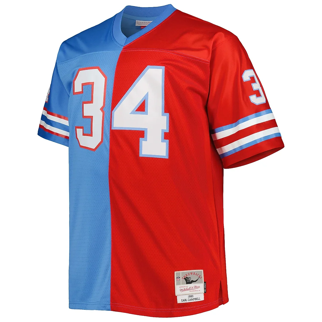 Zennovawear Men's Houston Oilers Earl Campbell Mitchell & Ness Light Blue/Red Big & Tall Gridiron Classics Split Legacy Retired Player Jersey