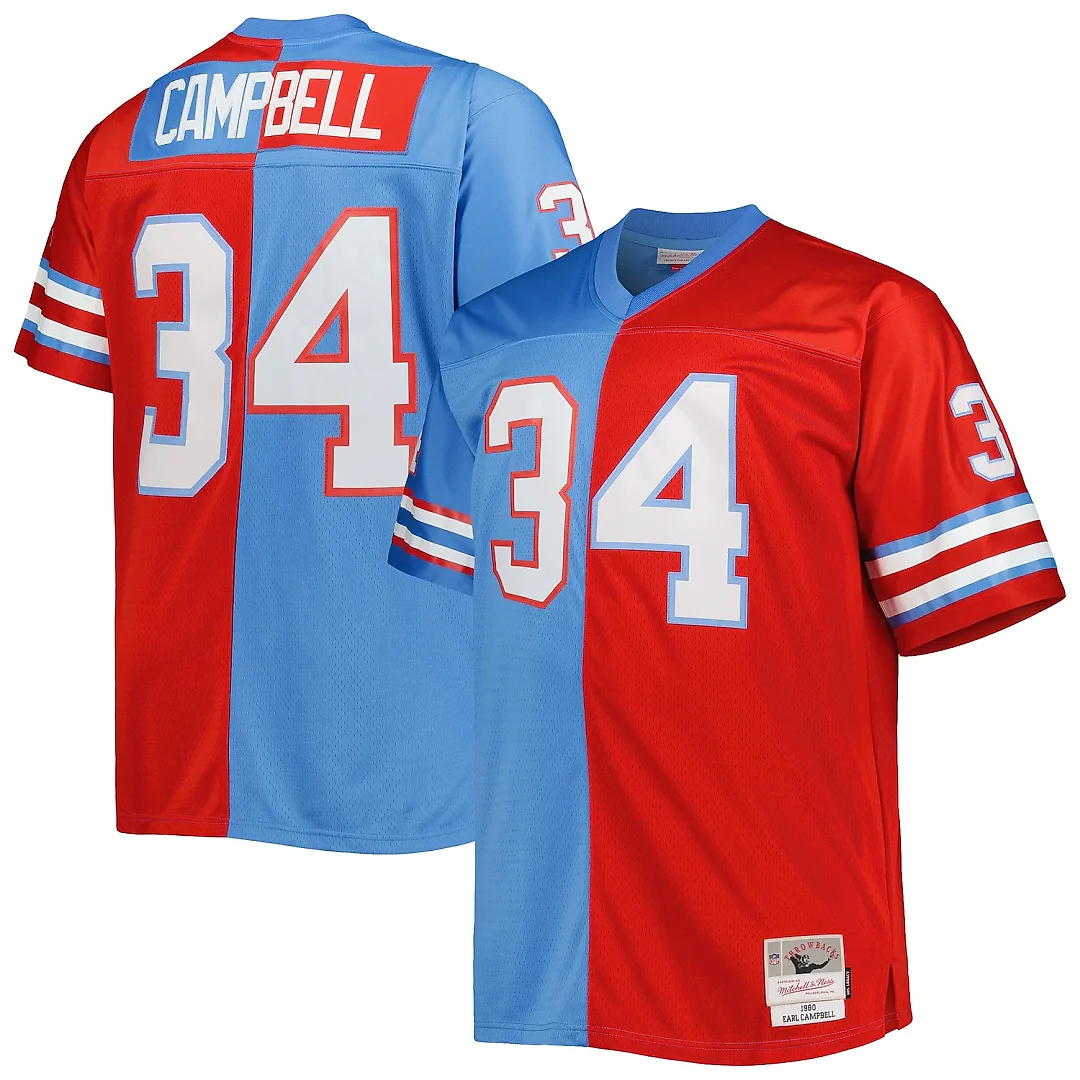 Zennovawear Men's Houston Oilers Earl Campbell Mitchell & Ness Light Blue/Red Big & Tall Gridiron Classics Split Legacy Retired Player Jersey