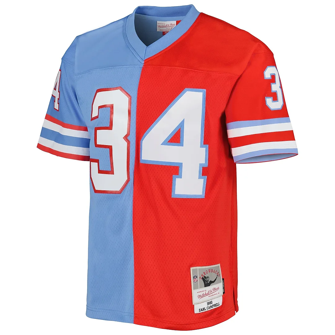 Zennovawear Men's Houston Oilers Earl Campbell Mitchell & Ness Red/Light Blue Gridiron Classics 1980 Split Legacy Jersey