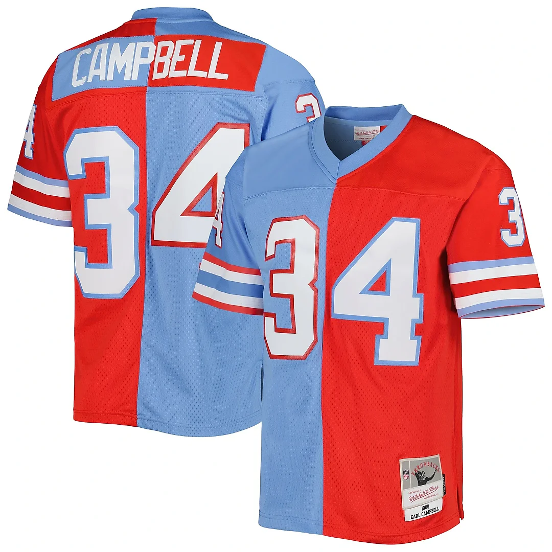Zennovawear Men's Houston Oilers Earl Campbell Mitchell & Ness Red/Light Blue Gridiron Classics 1980 Split Legacy Jersey
