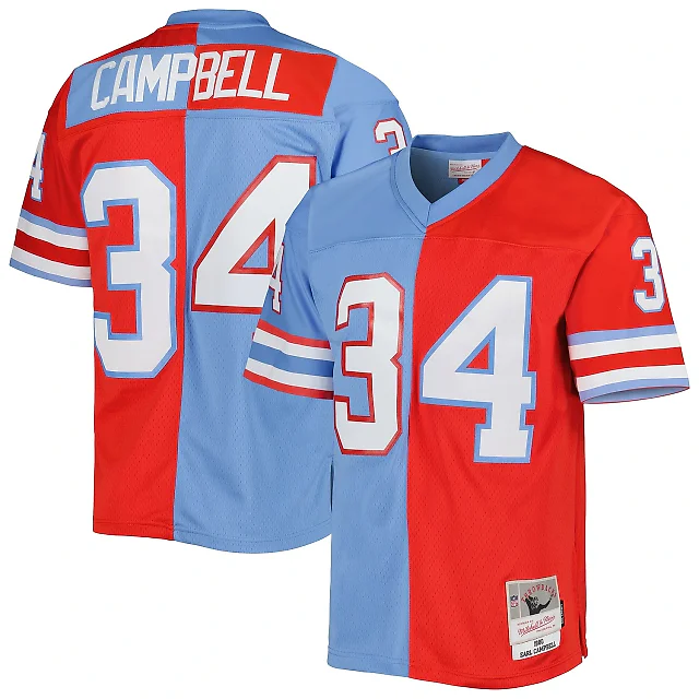 Zennovawear Men's Houston Oilers Earl Campbell Mitchell & Ness Red/Light Blue Gridiron Classics 1980 Split Legacy Jersey