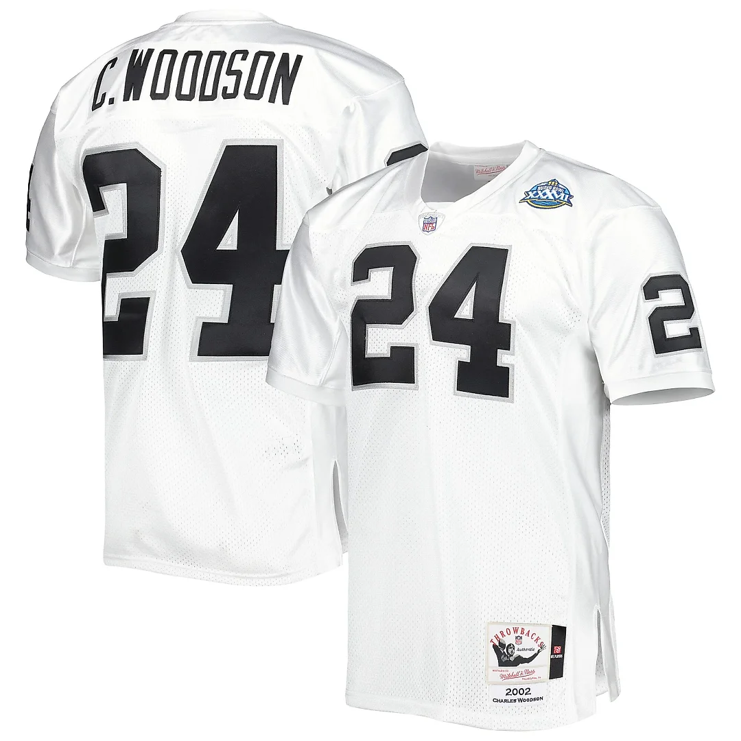 Zennovawear Men's Las Vegas Raiders 2002 Charles Woodson Mitchell & Ness White Throwback Retired Player Jersey
