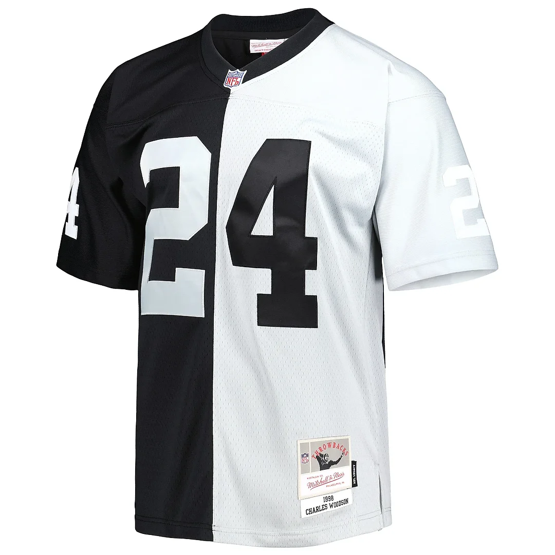 Zennovawear Men's Las Vegas Raiders Charles Woodson Mitchell & Ness Black/Silver 1998 Split Legacy Jersey