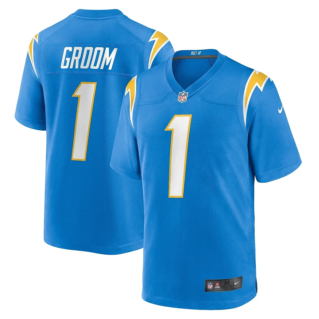 Zennovawear Men's Los Angeles Chargers Number 1 Groom Powder Blue Game Jersey