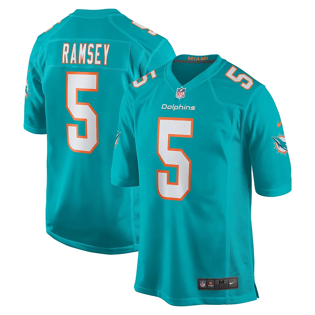 Zennovawear Men's Miami Dolphins Jalen Ramsey Aqua Team Color Game Jersey