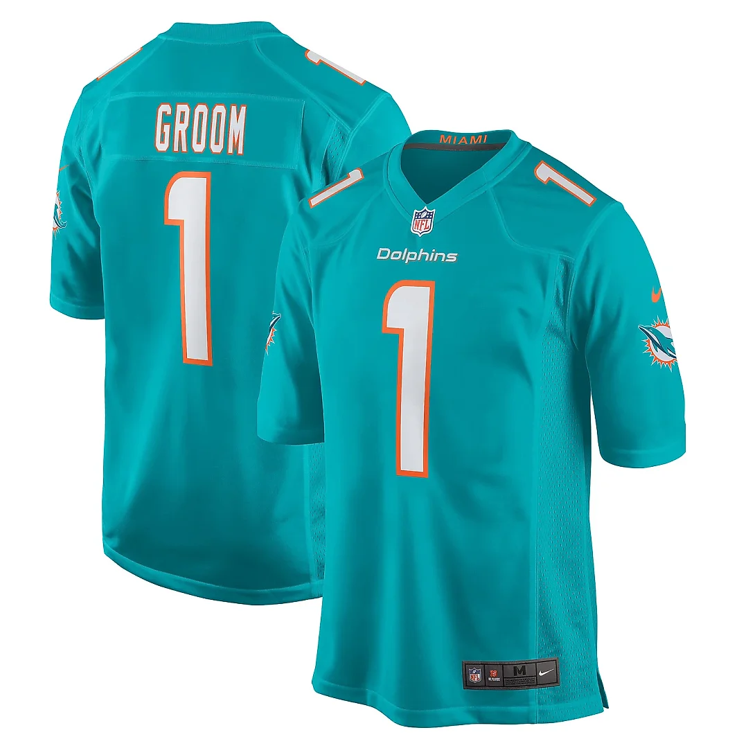 Zennovawear Men's Miami Dolphins Number 1 Groom Aqua Game Jersey