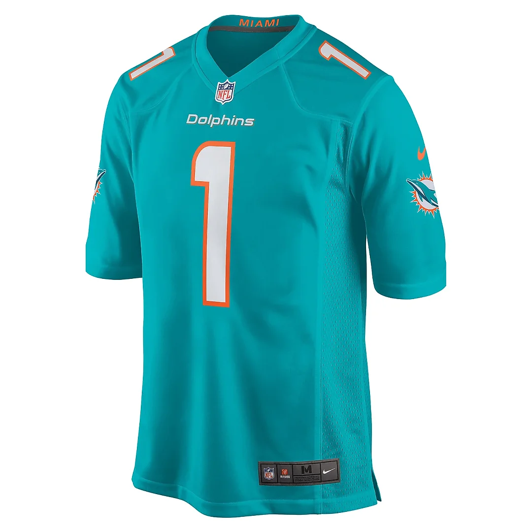 Zennovawear Men's Miami Dolphins Number 1 Groom Aqua Game Jersey