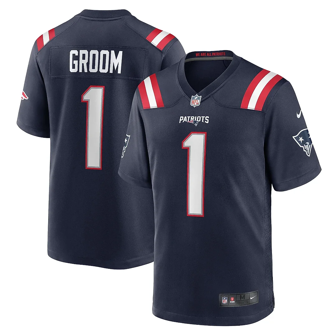 Zennovawear Men's New England Patriots Number 1 Groom Navy Game Jersey