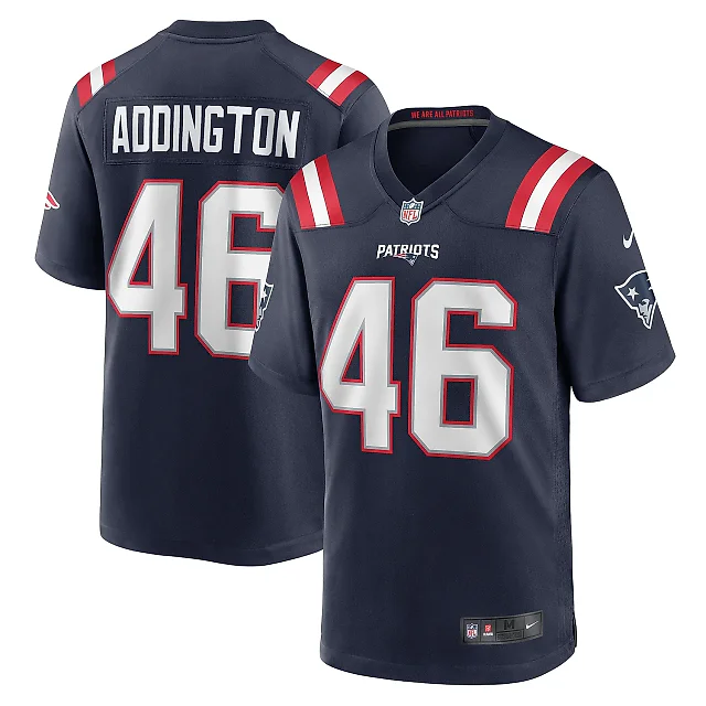 Zennovawear Men's New England Patriots Tucker Addington Navy Home Game Player Jersey