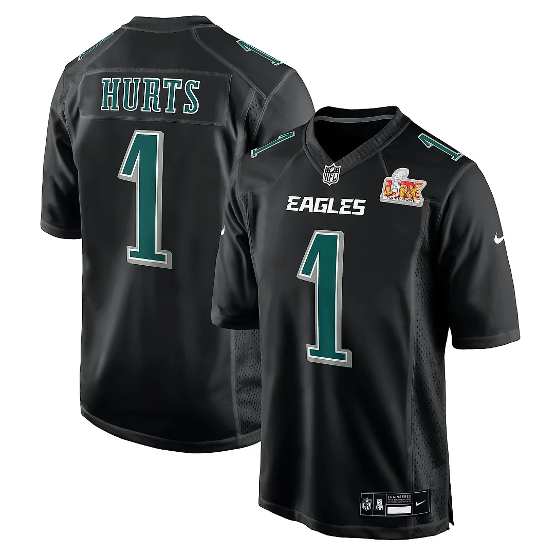 Zennovawear Men's Philadelphia Eagles Jalen Hurts Carbon Black Super Bowl LIX Fashion Game Player Jersey