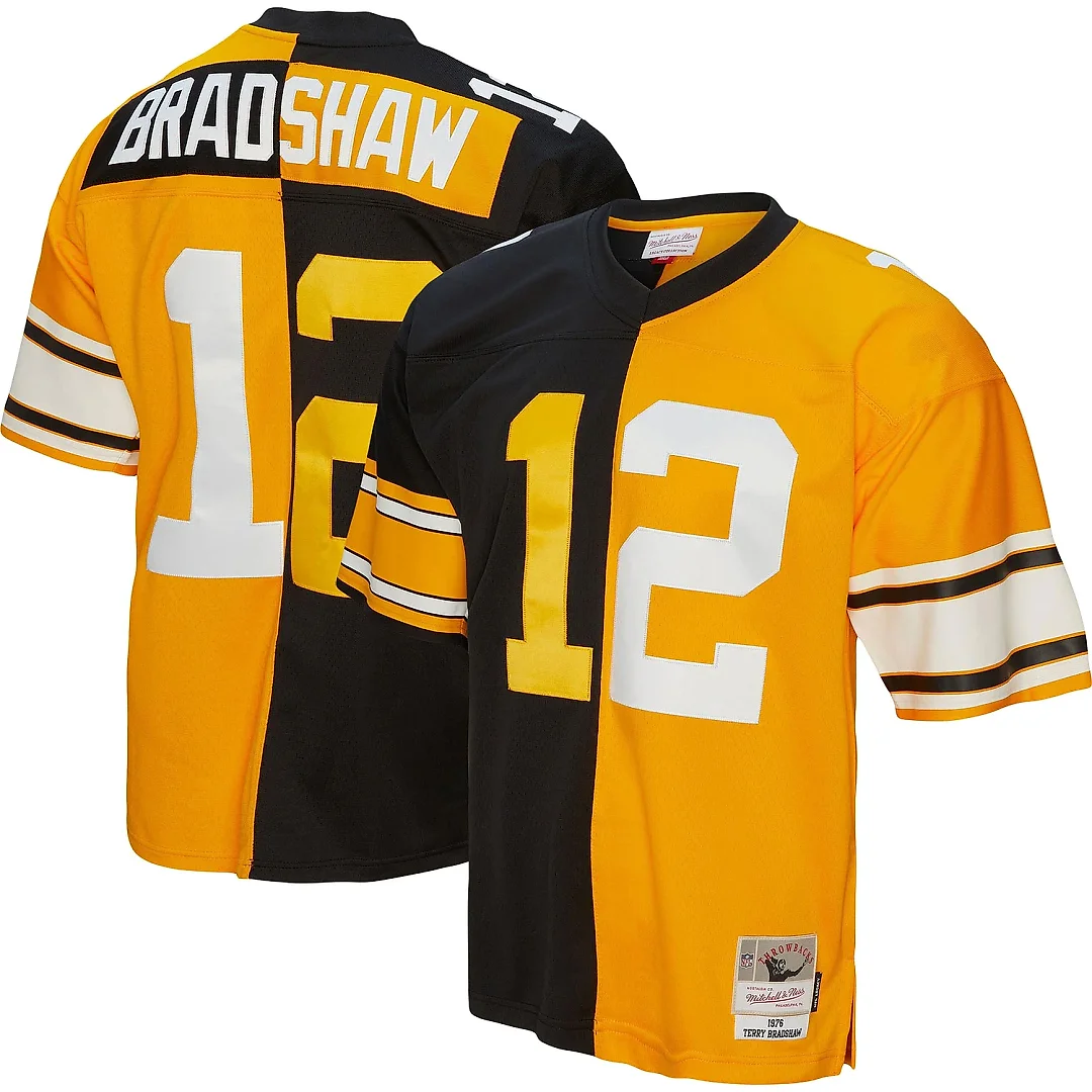 Zennovawear Men's Pittsburgh Steelers Terry Bradshaw Mitchell & Ness Black/Gold 1976 Split Legacy Jersey