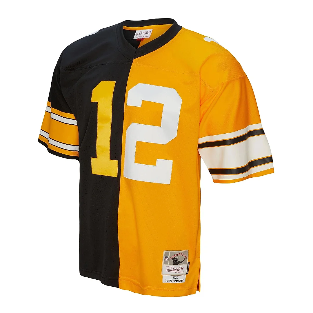 Zennovawear Men's Pittsburgh Steelers Terry Bradshaw Mitchell & Ness Black/Gold 1976 Split Legacy Jersey