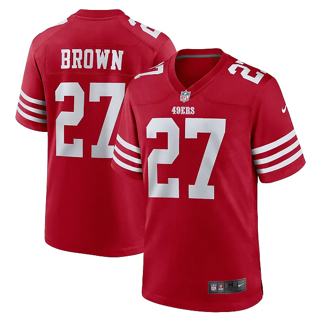 Zennovawear Men's San Francisco 49ers Ji'Ayir Brown Scarlet Team Game Jersey