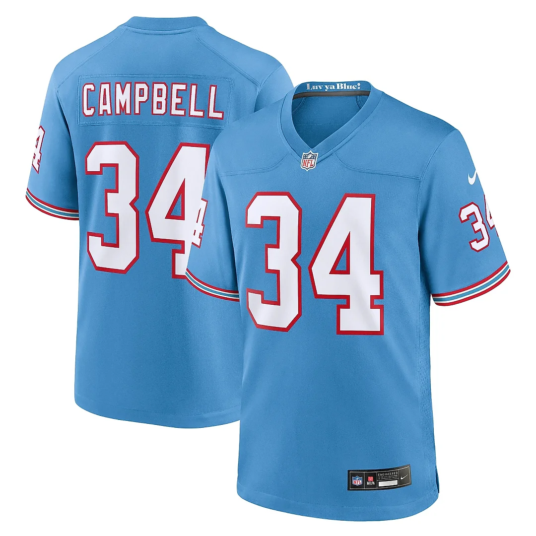 Zennovawear Men's Tennessee Titans Earl Campbell Light Blue Oilers Throwback Retired Player Game Jersey