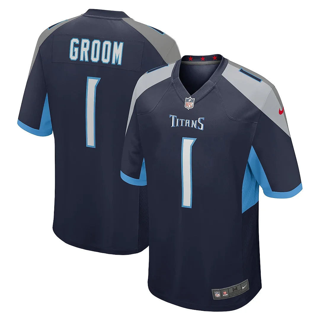 Zennovawear Men's Tennessee Titans Number 1 Groom Navy Game Jersey