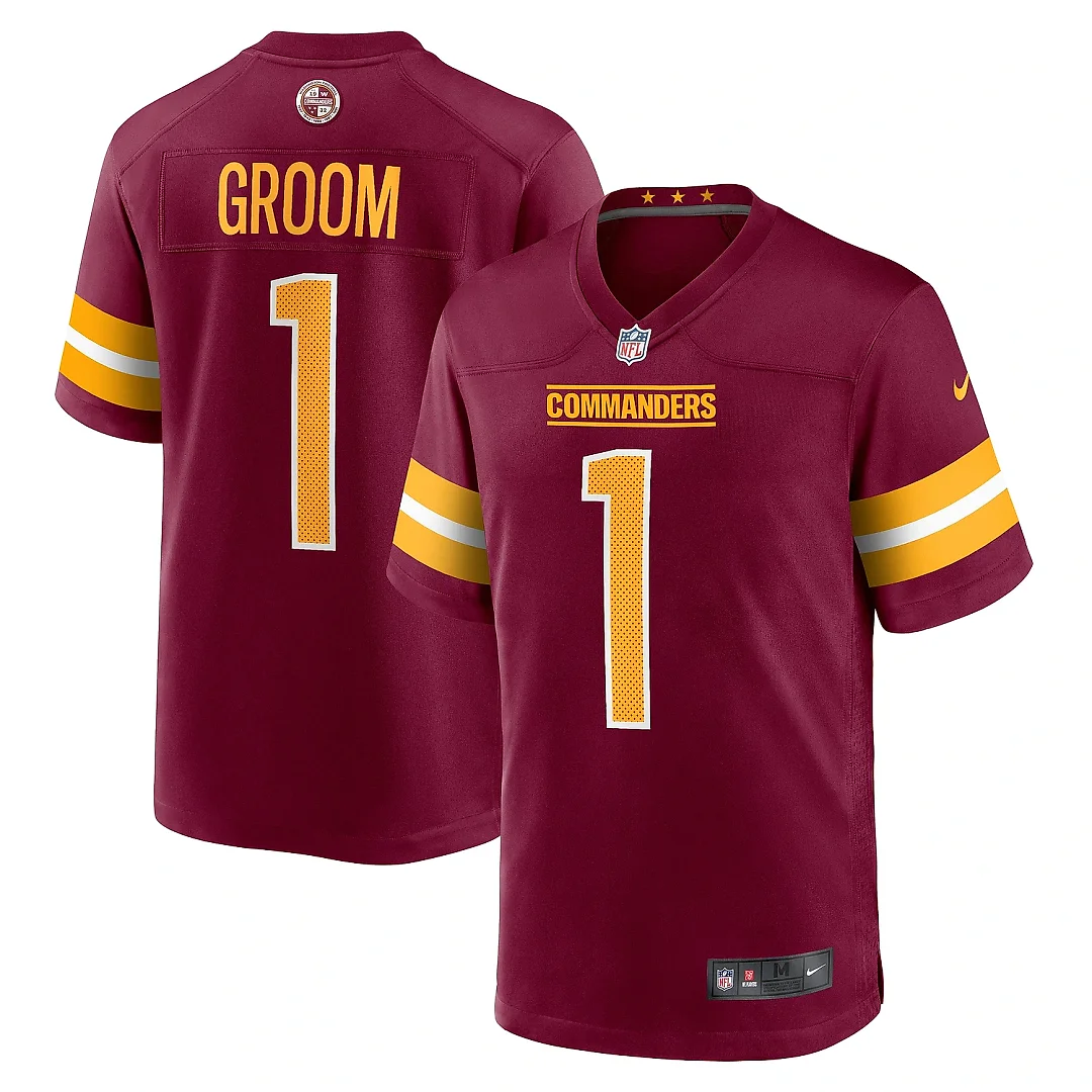 Zennovawear Men's Washington Commanders Number 1 Groom Burgundy Game Jersey