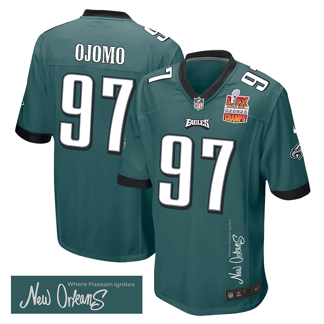 Zennovawear Moro Ojomo 97 Philadelphia Eagles Super Bowl LIX Champions Patch 'New Orleans - Where Passion Ignites' EMBROIDERED Game Men Jersey...