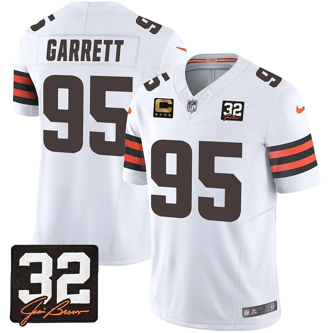 Zennovawear Myles Garrett 95 Cleveland Browns Jim Brown Memorial Patch Game Men Jersey - White