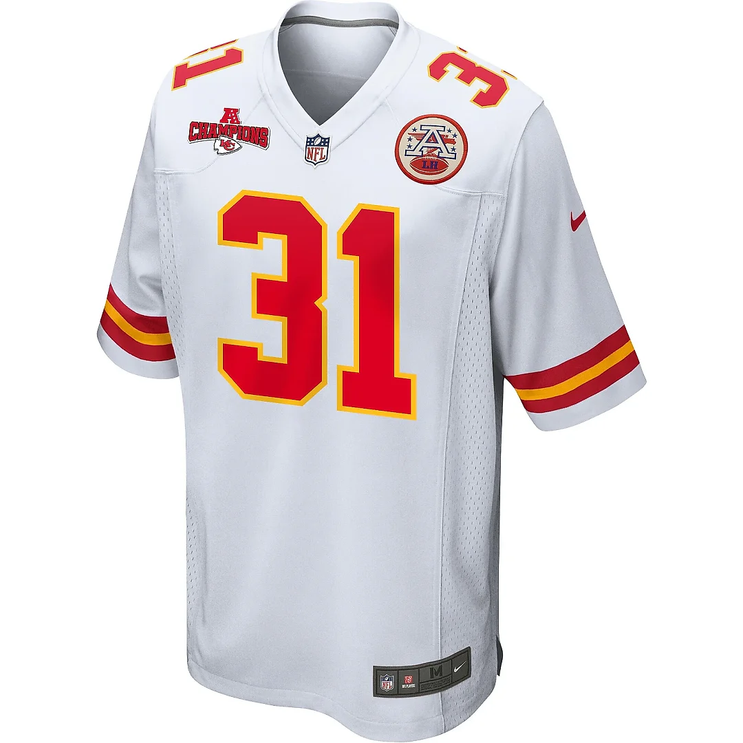 Zennovawear Nic Jones 31 Kansas City Chiefs AFC Champions Patch Game Men Jersey - White