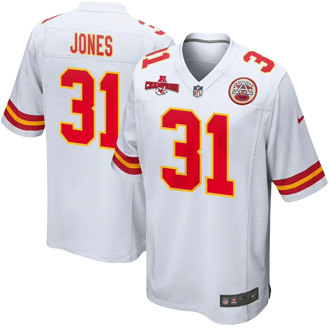 Zennovawear Nic Jones 31 Kansas City Chiefs AFC Champions Patch Game Men Jersey - White