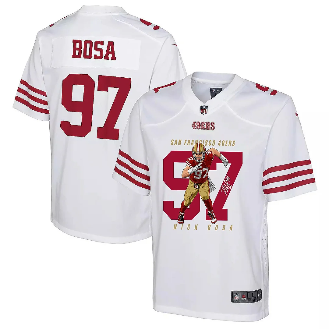 Zennovawear Nick Bosa 97 San Francisco 49ers Run Bosa Run Game YOUTH Jersey - White