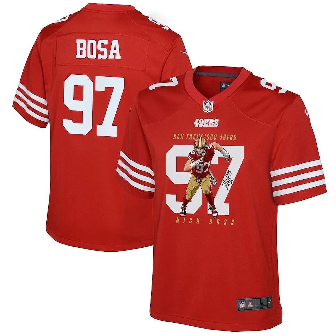 Zennovawear Nick Bosa 97 San Francisco 49ers Run Bosa Run Game YOUTH Jersey - Scarlet