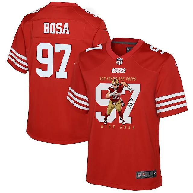 Zennovawear Nick Bosa 97 San Francisco 49ers Run Bosa Run Game YOUTH Jersey - Scarlet