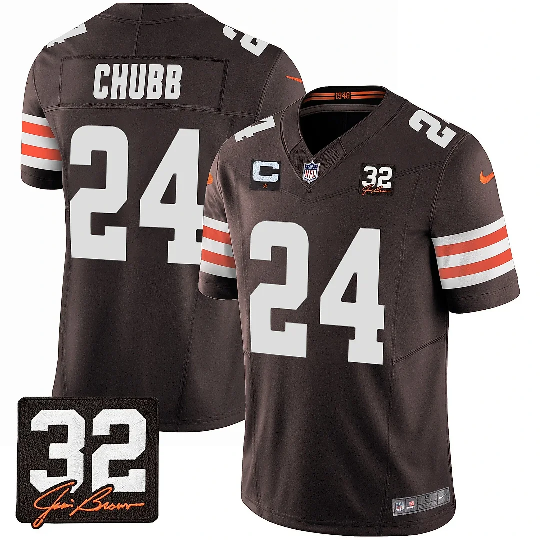 Zennovawear Nick Chubb 24 Cleveland Browns Jim Brown Memorial Patch Game Men Jersey - Brown