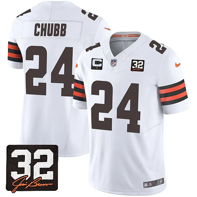 Zennovawear Nick Chubb 24 Cleveland Browns Jim Brown Memorial Patch Game Men Jersey - White