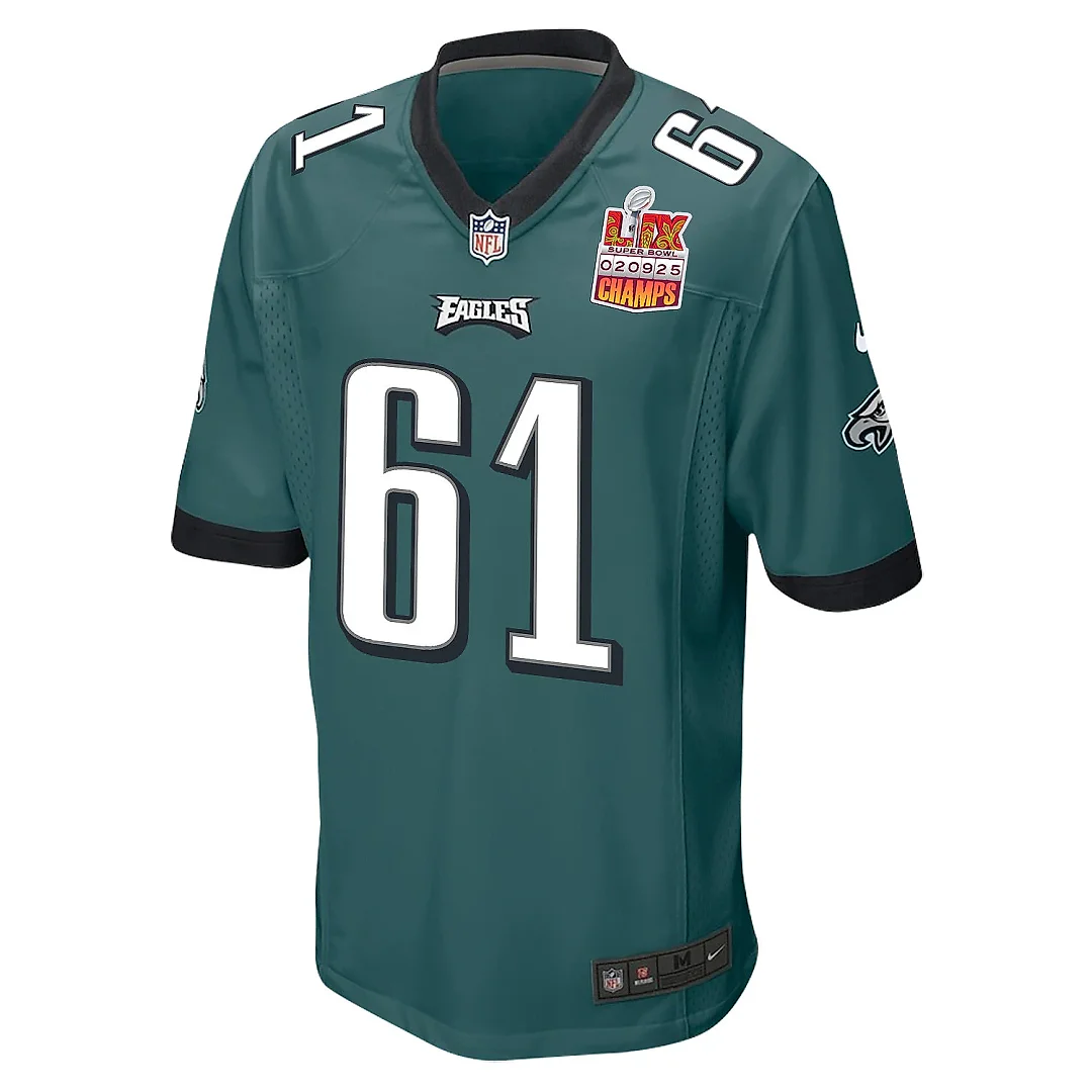 Zennovawear Nick Gates 61 Philadelphia Eagles Super Bowl LIX Champions Patch Game Men Jersey - Midnight Green