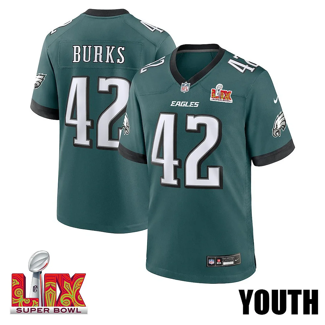 Zennovawear Oren Burks 42 Philadelphia Eagles Super Bowl LIX YOUTH Jersey - Midnight Green
